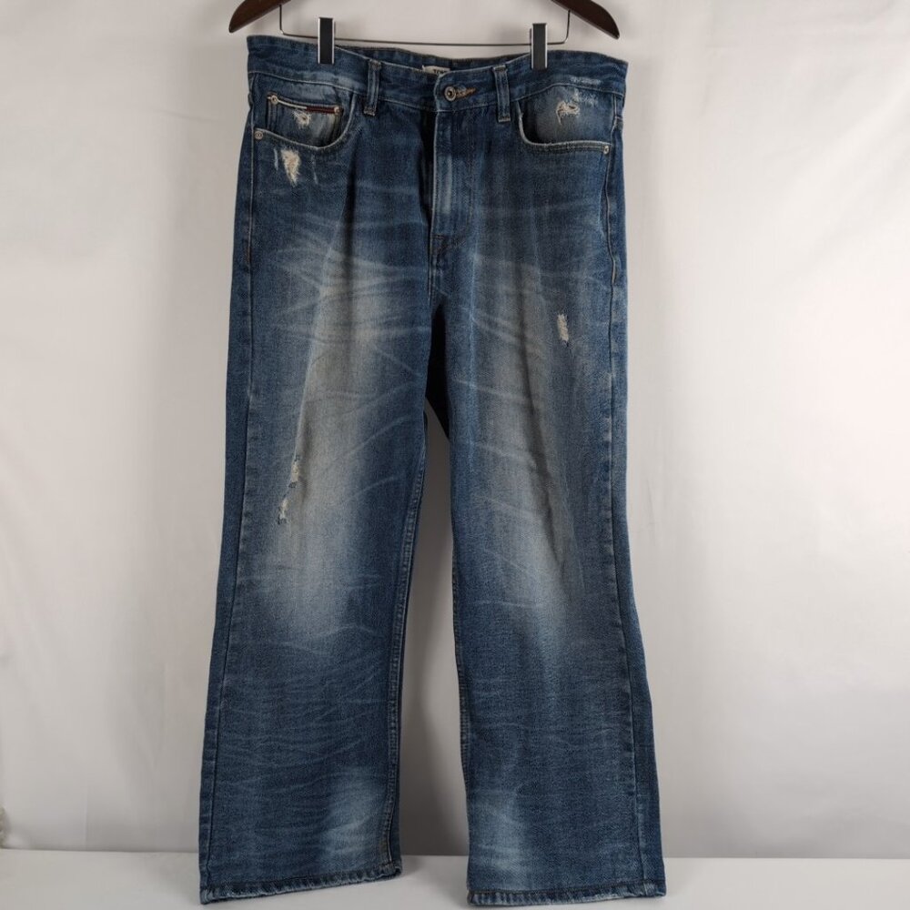 Tommy Jeans Men's Blue Denim Jeans Straight Loose Fit Big Logo, 36W/34L